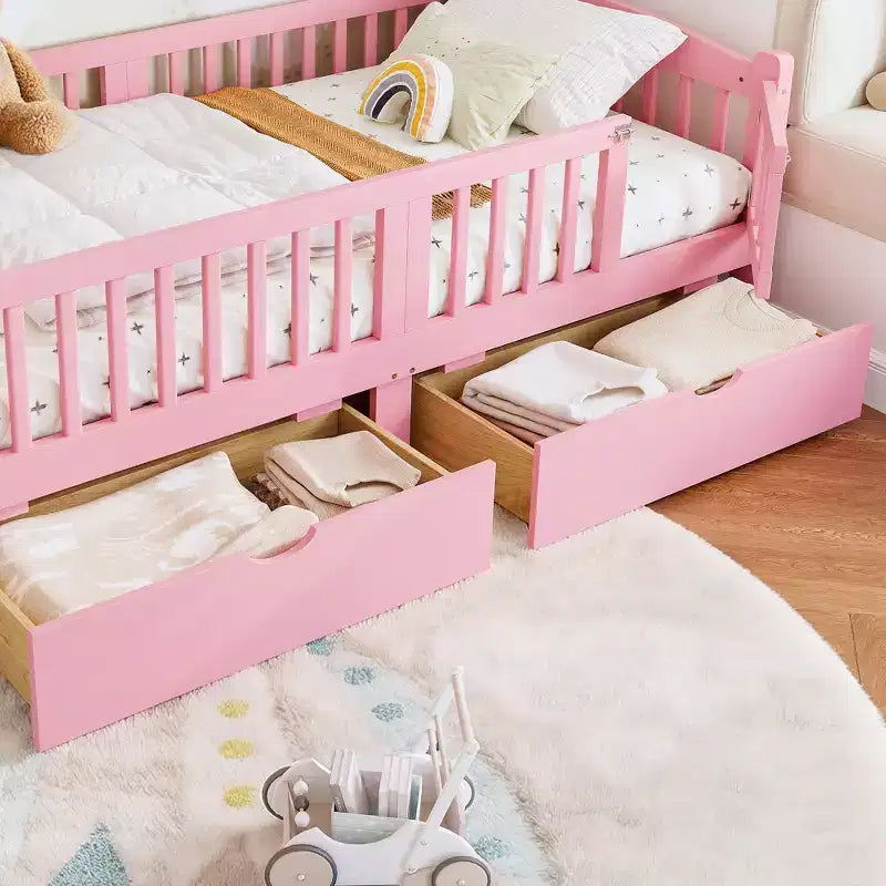 Lit plateforme pour enfant jumeau/jumeau XL avec barrière de sécurité et tiroirs de rangement