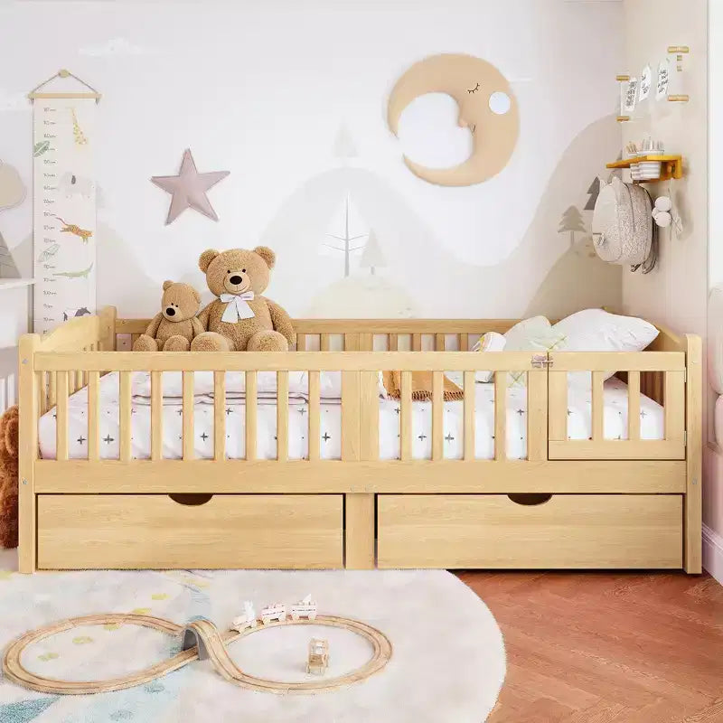 Lit plateforme pour enfant jumeau/jumeau XL avec barrière de sécurité et tiroirs de rangement