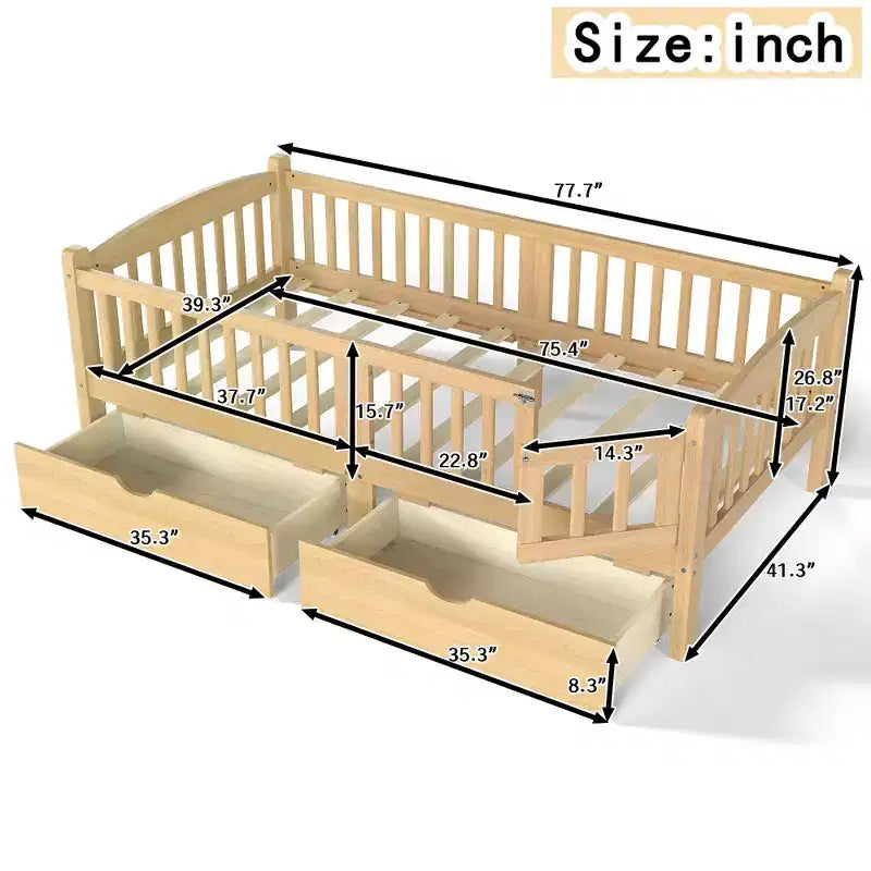 Lit plateforme pour enfant jumeau/jumeau XL avec barrière de sécurité et tiroirs de rangement
