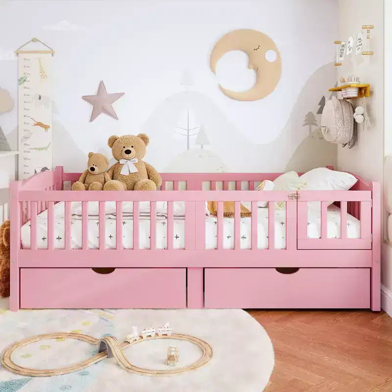 Lit plateforme pour enfant jumeau/jumeau XL avec barrière de sécurité et tiroirs de rangement