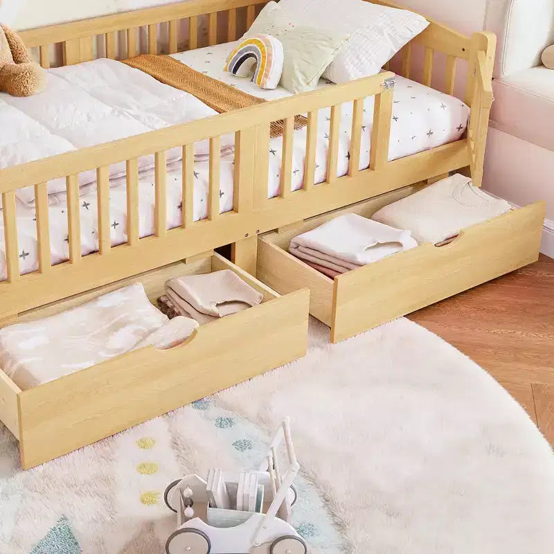 Lit plateforme pour enfant jumeau/jumeau XL avec barrière de sécurité et tiroirs de rangement
