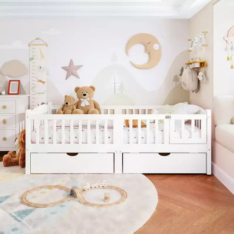 Lit plateforme pour enfant jumeau/jumeau XL avec barrière de sécurité et tiroirs de rangement