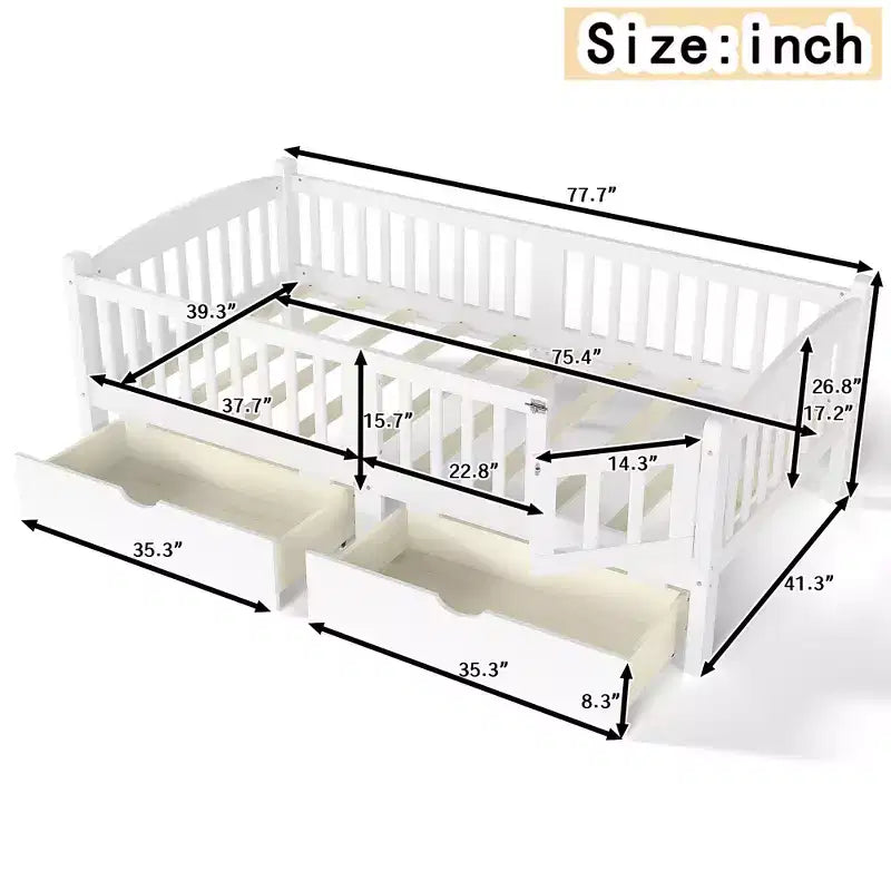 Lit plateforme pour enfant jumeau/jumeau XL avec barrière de sécurité et tiroirs de rangement