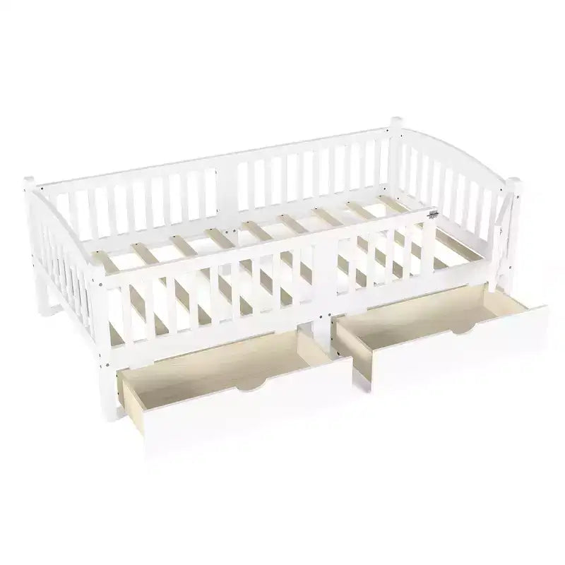 Lit plateforme pour enfant jumeau/jumeau XL avec barrière de sécurité et tiroirs de rangement