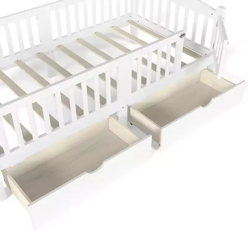 Lit plateforme pour enfant jumeau/jumeau XL avec barrière de sécurité et tiroirs de rangement
