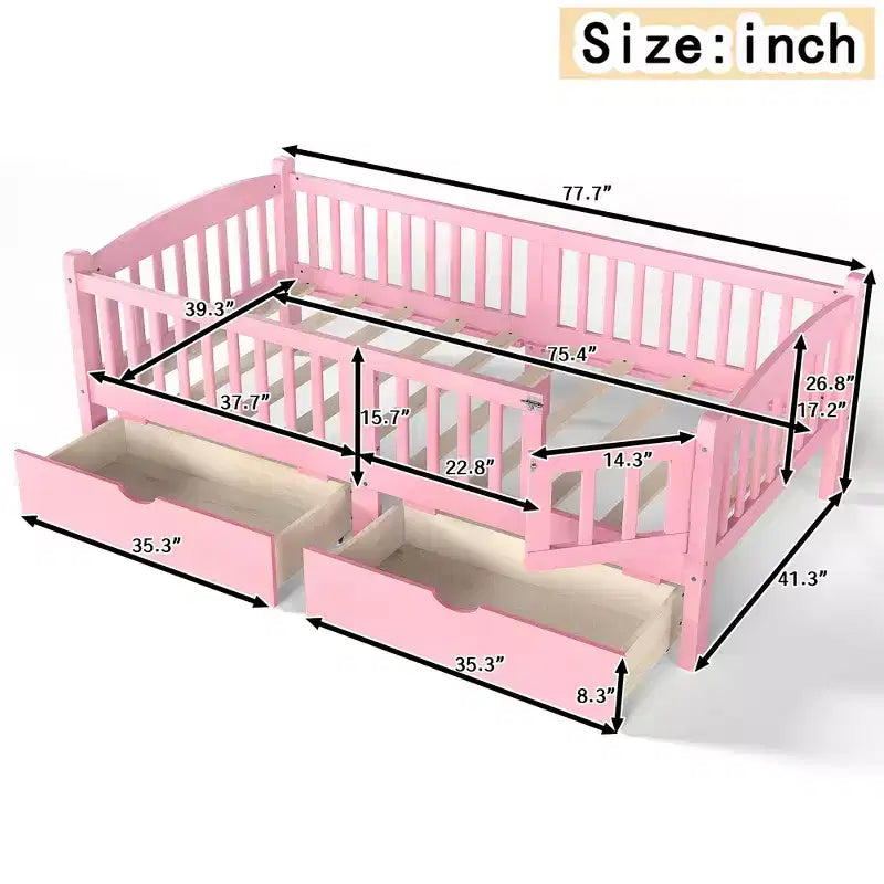 Lit plateforme pour enfant jumeau/jumeau XL avec barrière de sécurité et tiroirs de rangement