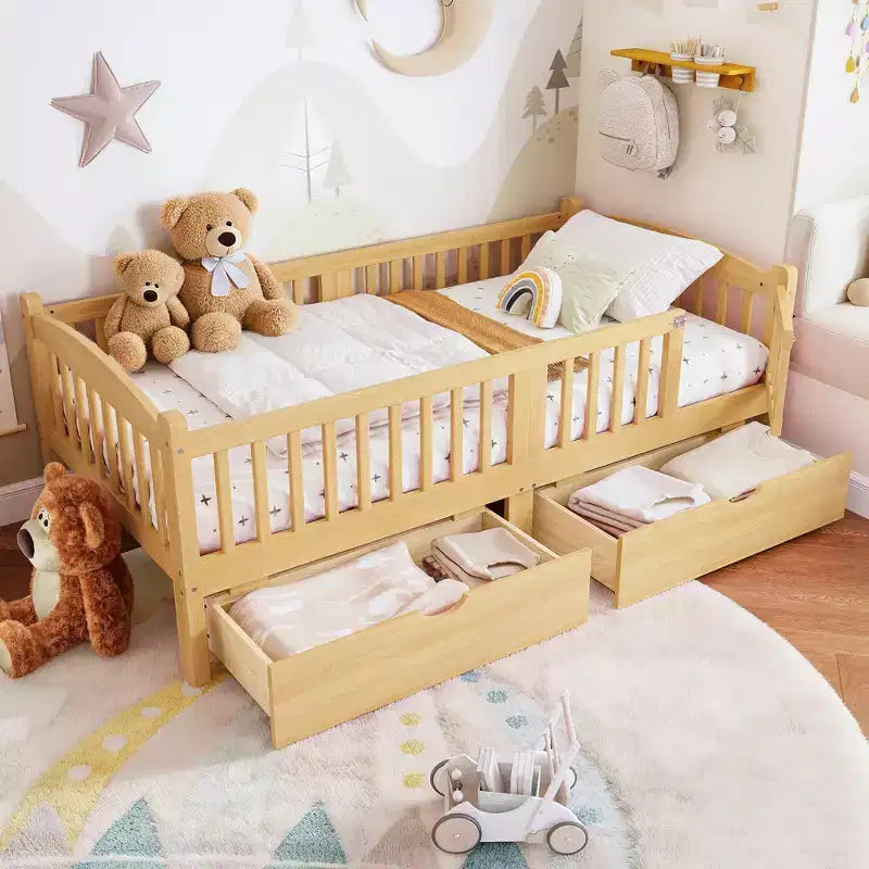 Lit plateforme pour enfant jumeau/jumeau XL avec barrière de sécurité et tiroirs de rangement