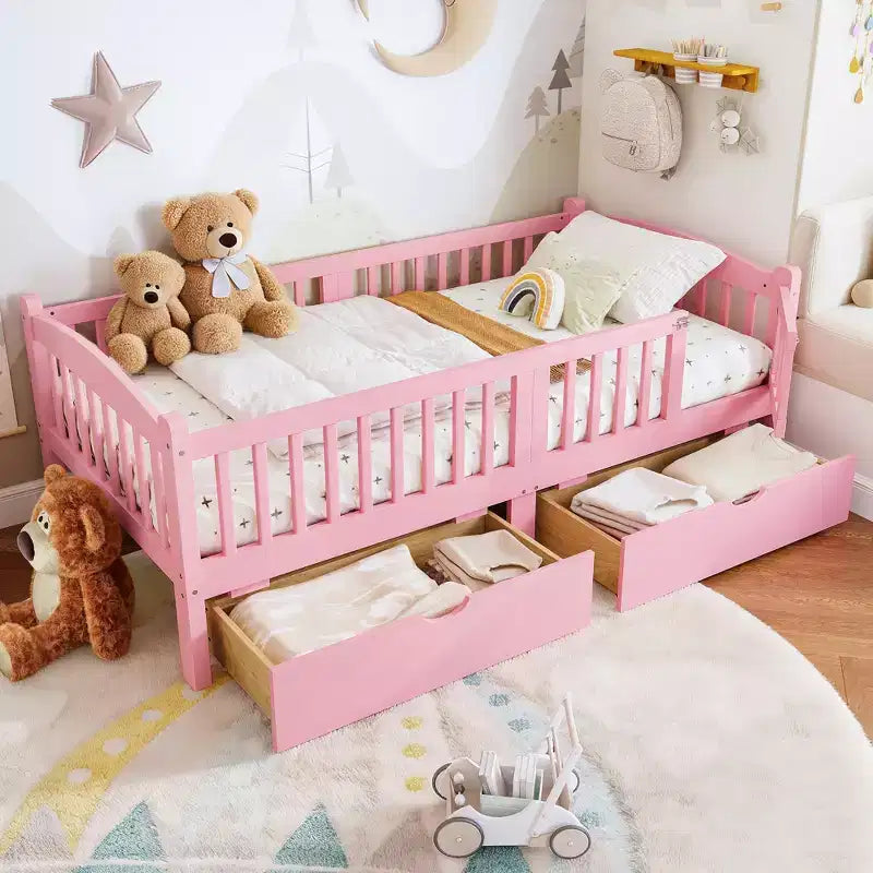 Twin/Twin XL Kid Platform Bed Frame Toddler Bed with Safety Guardrail & Storage Drawers - ModernLuxe