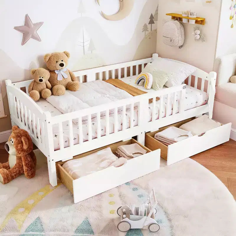 Lit plateforme pour enfant jumeau/jumeau XL avec barrière de sécurité et tiroirs de rangement