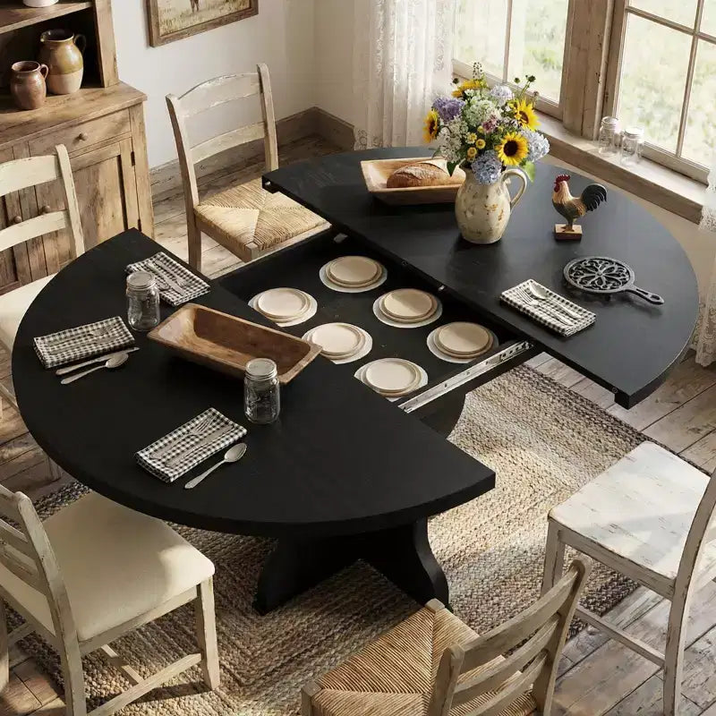 Table à manger ronde extensible pour 4 à 8 personnes, Table de cuisine ovale style ferme, Structure métallique, Gain de place