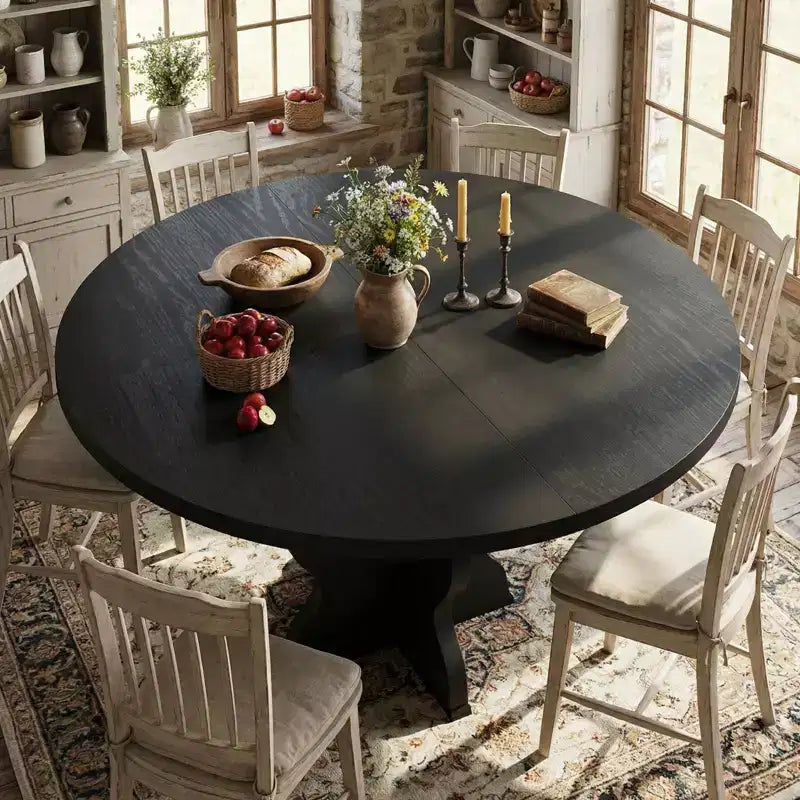 Table à manger ronde extensible pour 4 à 8 personnes, Table de cuisine ovale style ferme, Structure métallique, Gain de place