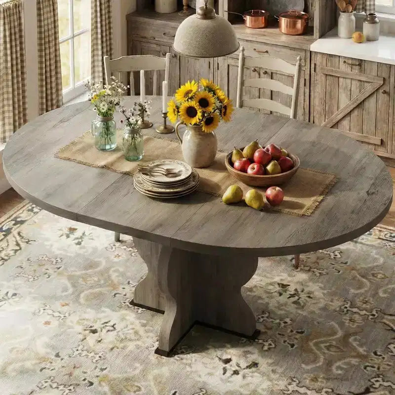 Table à manger ronde extensible pour 4 à 8 personnes, Table de cuisine ovale style ferme, Structure métallique, Gain de place