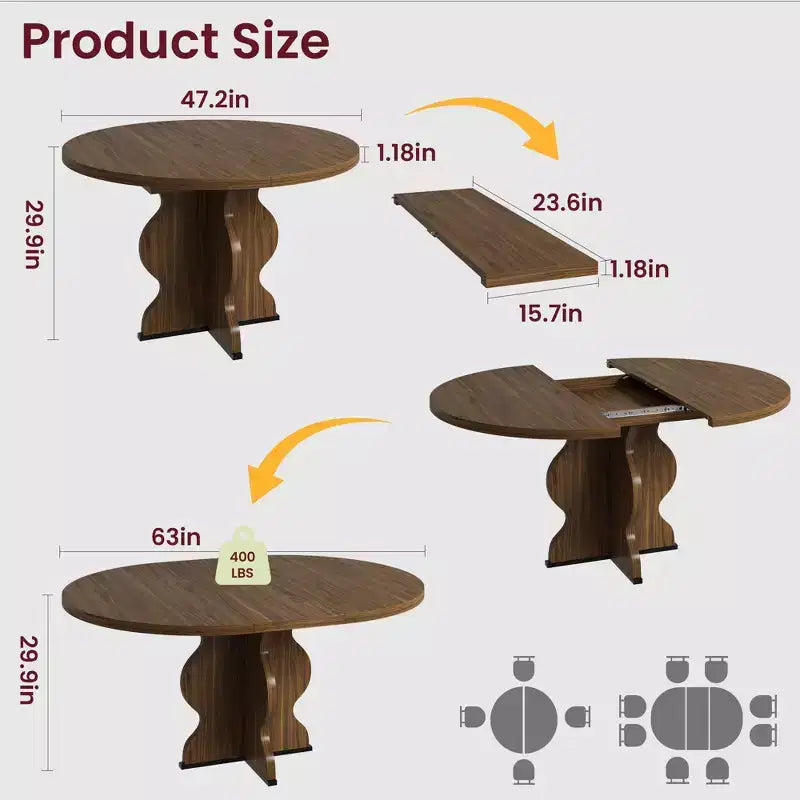 Table à manger ronde extensible pour 4 à 8 personnes, Table de cuisine ovale style ferme, Structure métallique, Gain de place