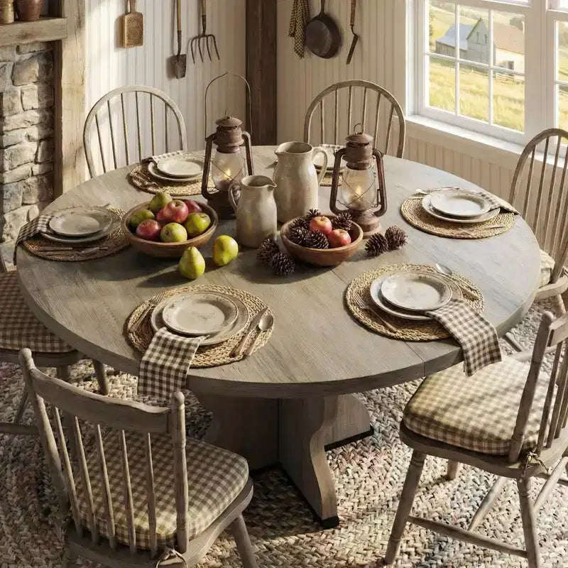 Table à manger ronde extensible pour 4 à 8 personnes, Table de cuisine ovale style ferme, Structure métallique, Gain de place