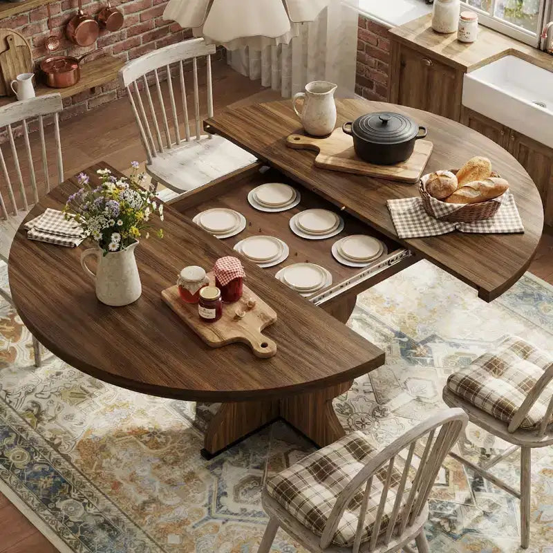 Table à manger ronde extensible pour 4 à 8 personnes, Table de cuisine ovale style ferme, Structure métallique, Gain de place