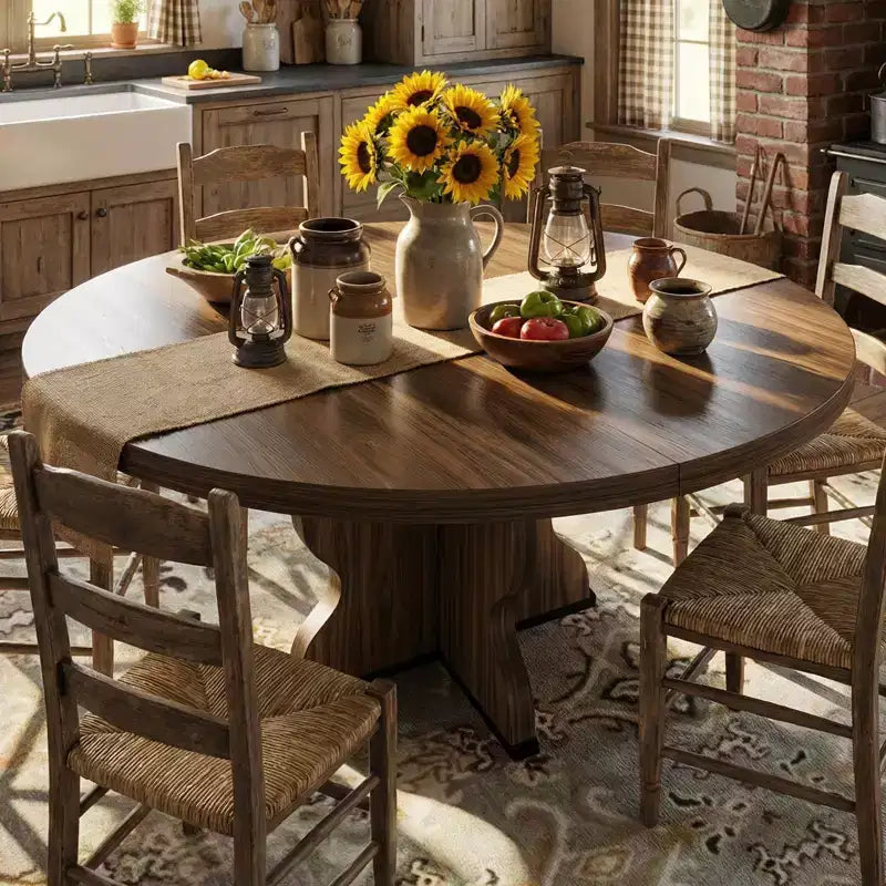 Table à manger ronde extensible pour 4 à 8 personnes, Table de cuisine ovale style ferme, Structure métallique, Gain de place