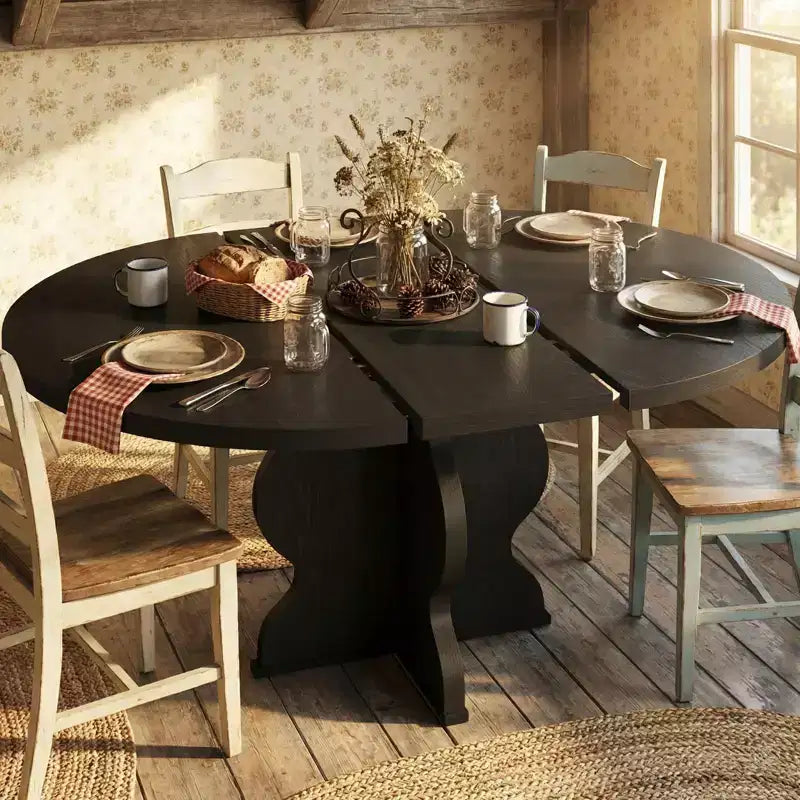 Table à manger ronde extensible pour 4 à 8 personnes, Table de cuisine ovale style ferme, Structure métallique, Gain de place