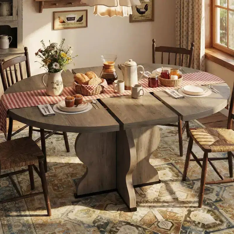 Table à manger ronde extensible pour 4 à 8 personnes, Table de cuisine ovale style ferme, Structure métallique, Gain de place