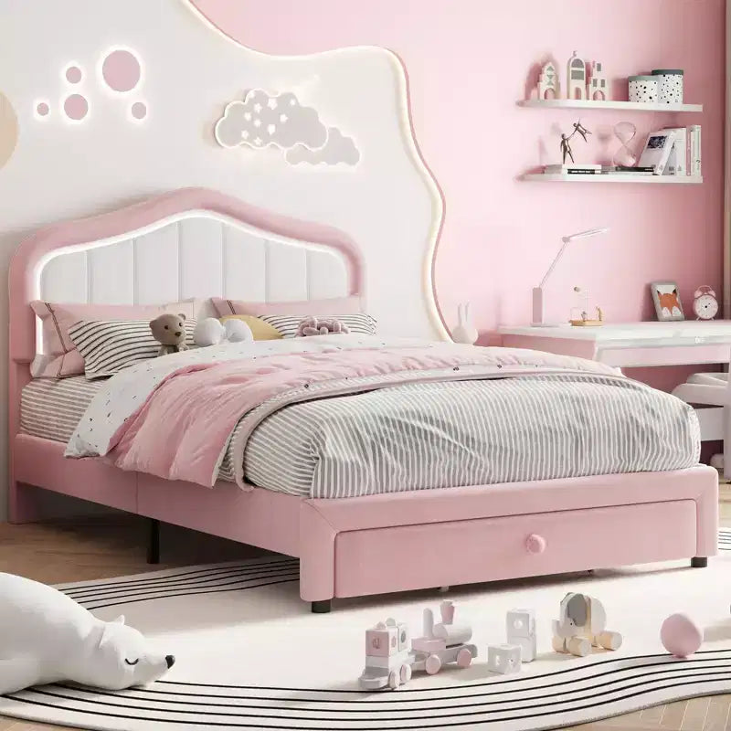 Twin Upholstered Platform Bed with LED Headboard & Storage Drawer, Pink/White, Wood Slats, No Box Spring, Quiet, Easy Assembly, for Kids