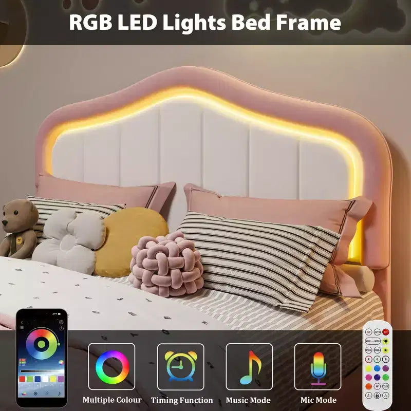 Lit plateforme double capitonné avec tête de lit LED et tiroir de rangement, rose/blanc, lattes en bois, sans sommier, silencieux, montage facile, pour enfants