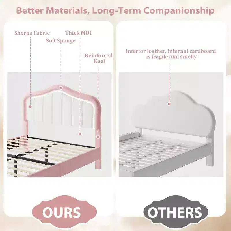 Lit plateforme double capitonné avec tête de lit LED et tiroir de rangement, rose/blanc, lattes en bois, sans sommier, silencieux, montage facile, pour enfants