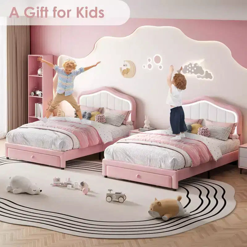 Lit plateforme double capitonné avec tête de lit LED et tiroir de rangement, rose/blanc, lattes en bois, sans sommier, silencieux, montage facile, pour enfants