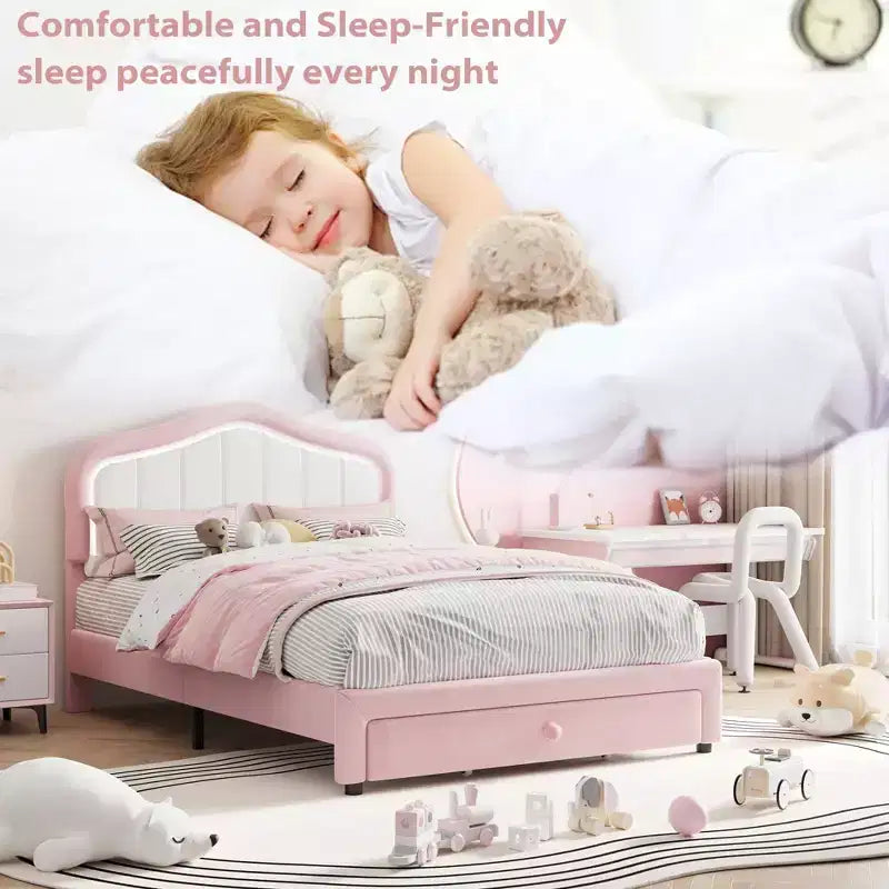 Lit plateforme double capitonné avec tête de lit LED et tiroir de rangement, rose/blanc, lattes en bois, sans sommier, silencieux, montage facile, pour enfants