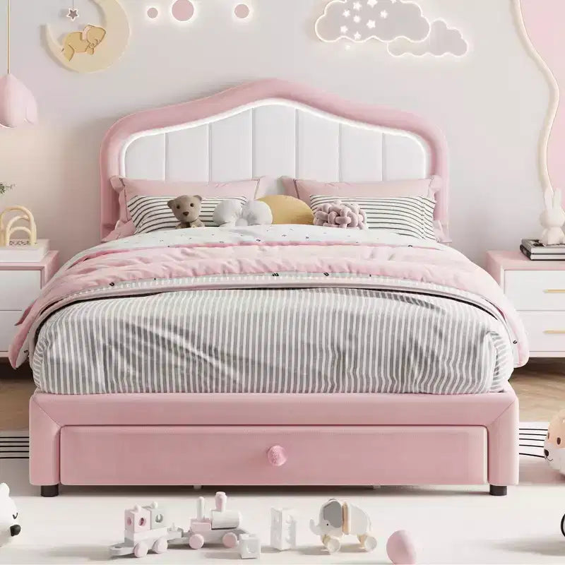Lit plateforme double capitonné avec tête de lit LED et tiroir de rangement, rose/blanc, lattes en bois, sans sommier, silencieux, montage facile, pour enfants
