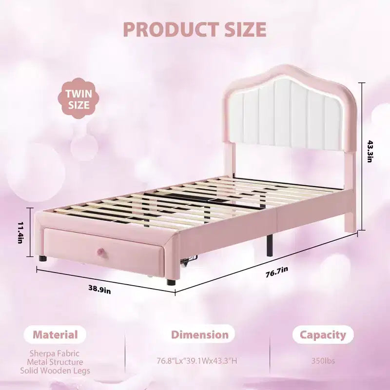 Lit plateforme double capitonné avec tête de lit LED et tiroir de rangement, rose/blanc, lattes en bois, sans sommier, silencieux, montage facile, pour enfants