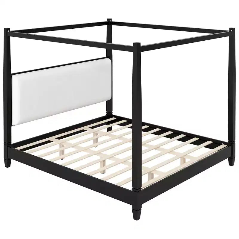 Lit plateforme à baldaquin avec tête de lit capitonnée et pieds de support en lattes de bois