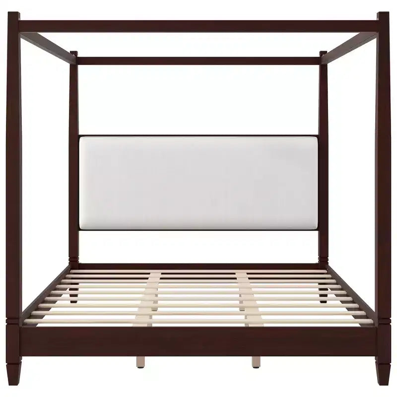 Lit plateforme à baldaquin avec tête de lit capitonnée et pieds de support en lattes de bois