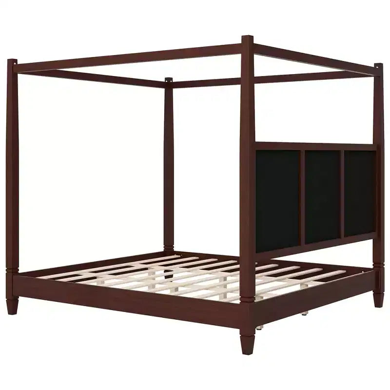 Lit plateforme à baldaquin avec tête de lit capitonnée et pieds de support en lattes de bois