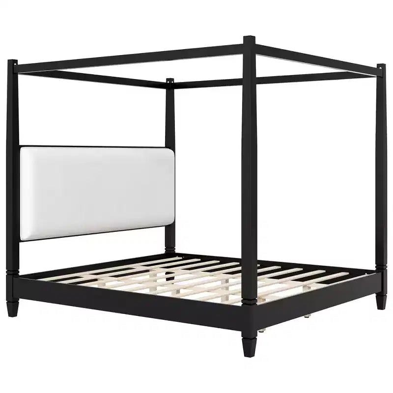 Lit plateforme à baldaquin avec tête de lit capitonnée et pieds de support en lattes de bois
