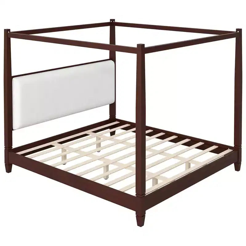 Lit plateforme à baldaquin avec tête de lit capitonnée et pieds de support en lattes de bois