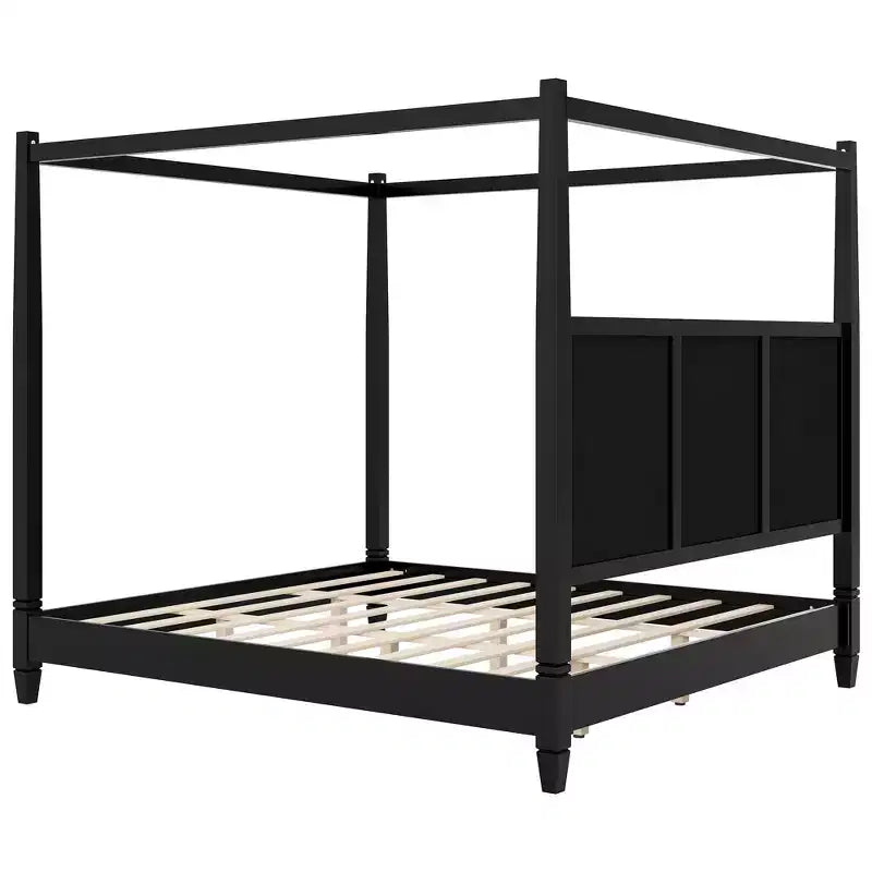 Lit plateforme à baldaquin avec tête de lit capitonnée et pieds de support en lattes de bois