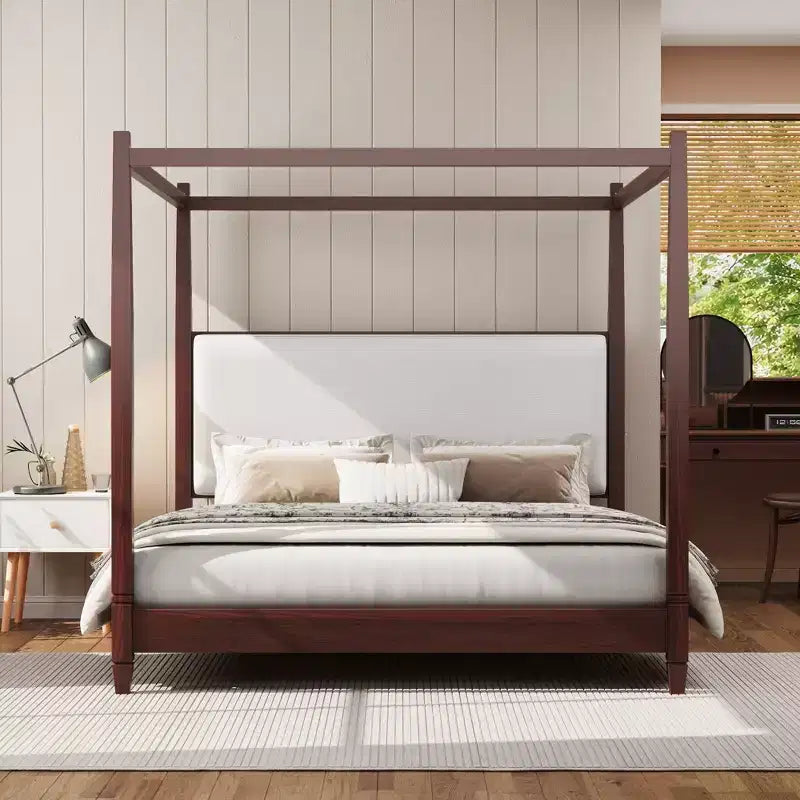 GDFStudio Reyes Canopy Platform Bed with Upholstery Headboard and Wooden Slat Support Legs
