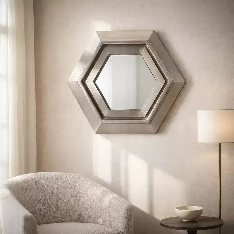 Miroir mural hexagonal moderne en métal pour la décoration de la chambre et du salon - Miroirs décoratifs pour mur, couloir, entrée ou salle de bain - 20, Argent et Métallisé