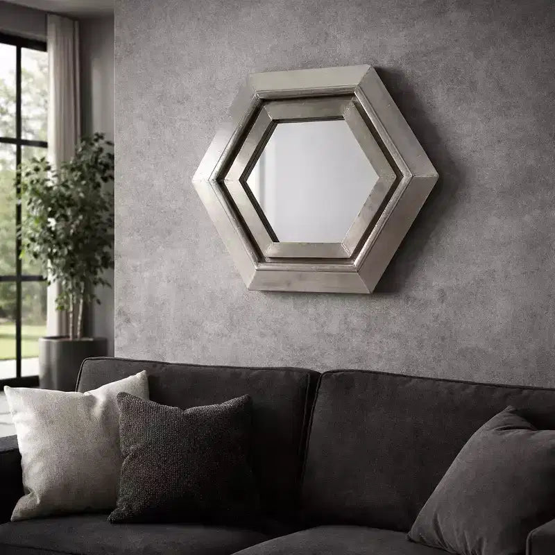 Miroir mural hexagonal moderne en métal pour la décoration de la chambre et du salon - Miroirs décoratifs pour mur, couloir, entrée ou salle de bain - 20, Argent et Métallisé