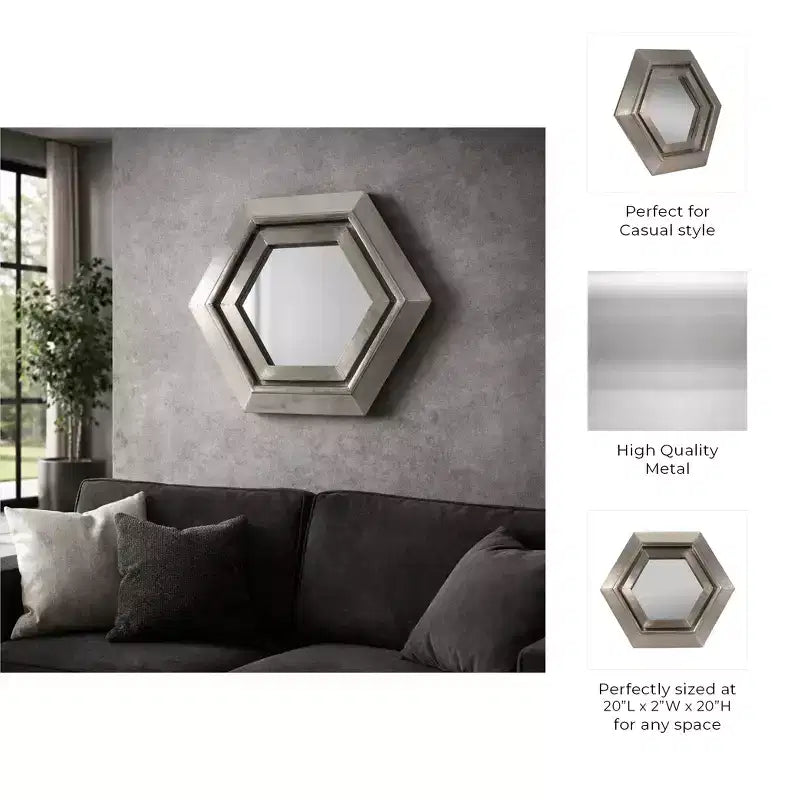 Miroir mural hexagonal moderne en métal pour la décoration de la chambre et du salon - Miroirs décoratifs pour mur, couloir, entrée ou salle de bain - 20, Argent et Métallisé