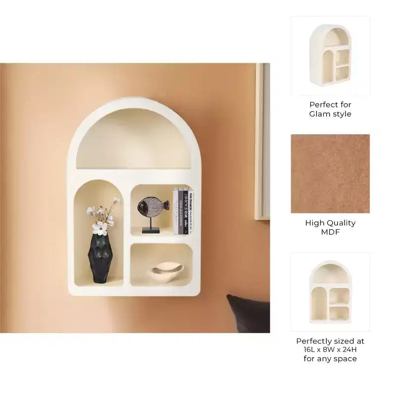 Organisateur de Rangement Mural Arqué avec Étagères Suspendues Multiples - Design en Bois Glamour avec Silhouette Courbe pour Petits Espaces - 24, Blanc