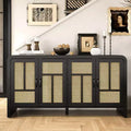59 Black Rattan Buffet Cabinet with 4 Doors, Boho Sideboard with Adjustable Shelves, Wood Accent for Dining Living Room