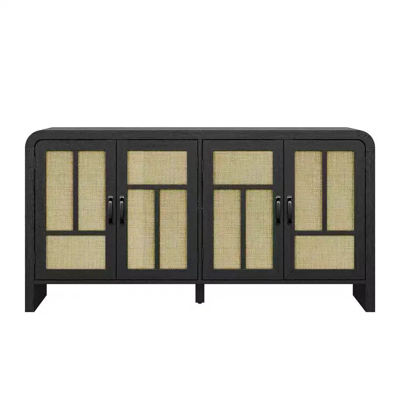 Buffet 4 portes en rotin noir, bahut bohème avec étagères réglables, accent bois pour salle à manger et salon