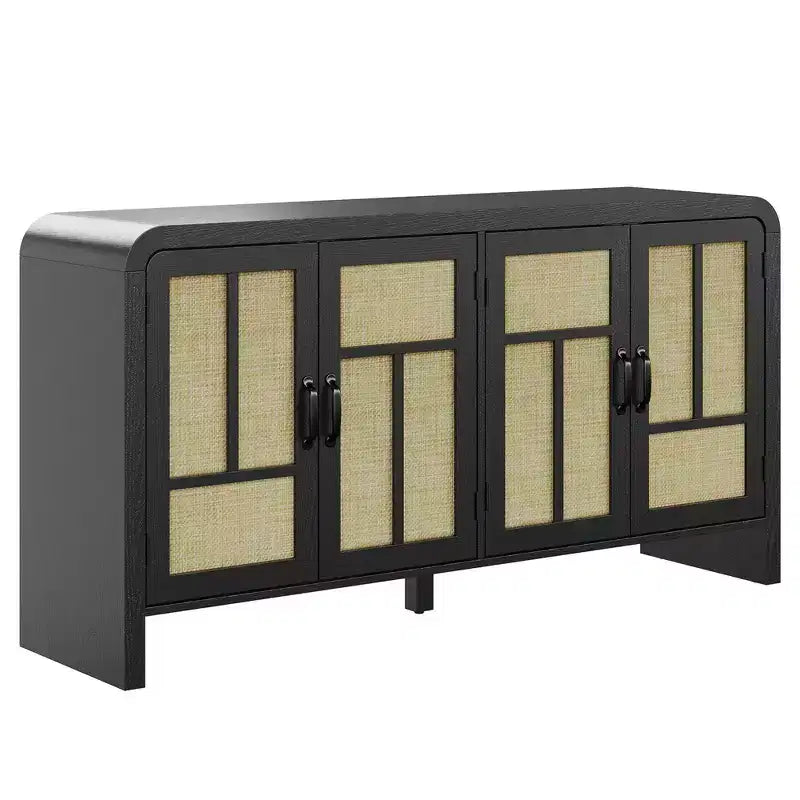 Buffet 4 portes en rotin noir, bahut bohème avec étagères réglables, accent bois pour salle à manger et salon