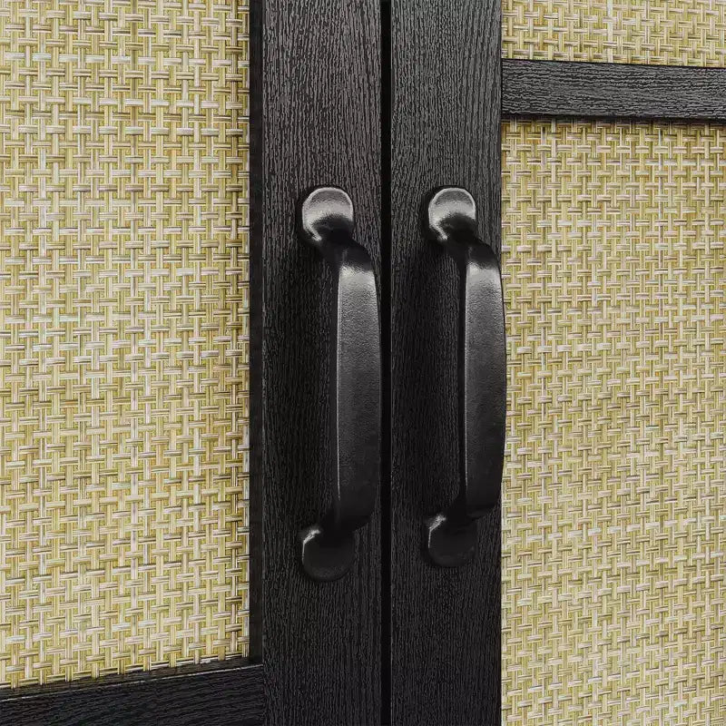 Buffet 4 portes en rotin noir, bahut bohème avec étagères réglables, accent bois pour salle à manger et salon