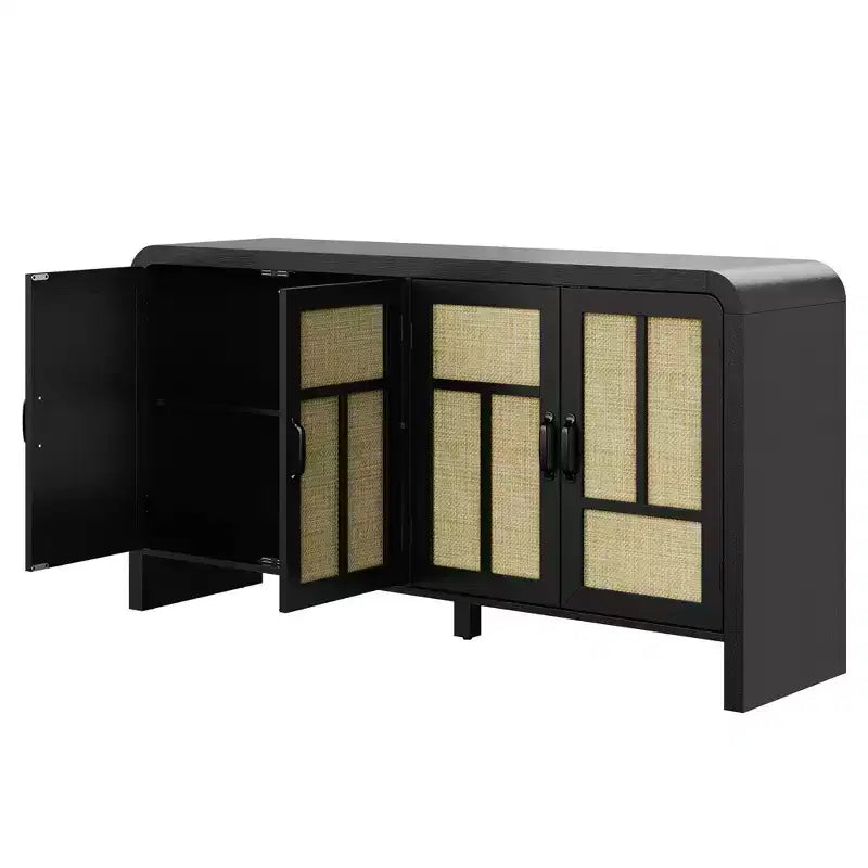 Buffet 4 portes en rotin noir, bahut bohème avec étagères réglables, accent bois pour salle à manger et salon