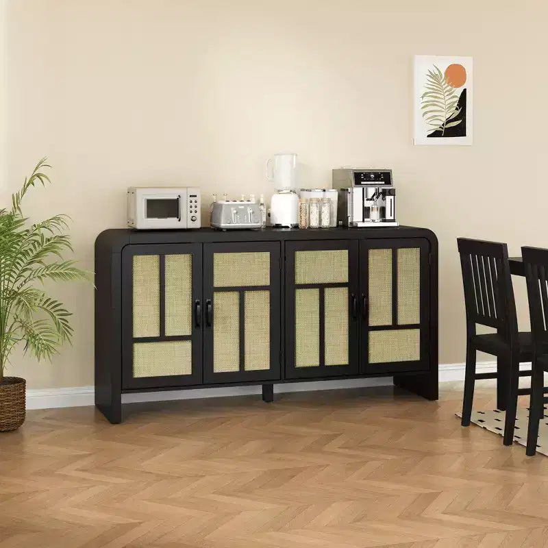 Buffet 4 portes en rotin noir, bahut bohème avec étagères réglables, accent bois pour salle à manger et salon