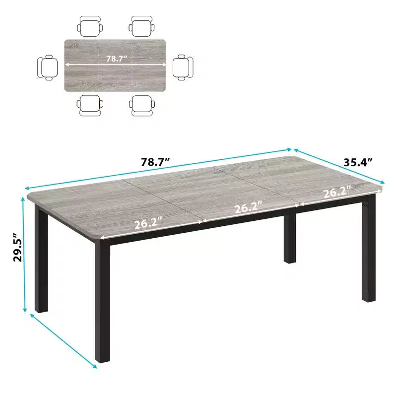 Table de salle à manger industrielle 78,7 pour 6-8 personnes, rectangulaire extra longue, cadre en métal robuste, finition bois gris rustique, cuisine et salle à manger modernes, gris