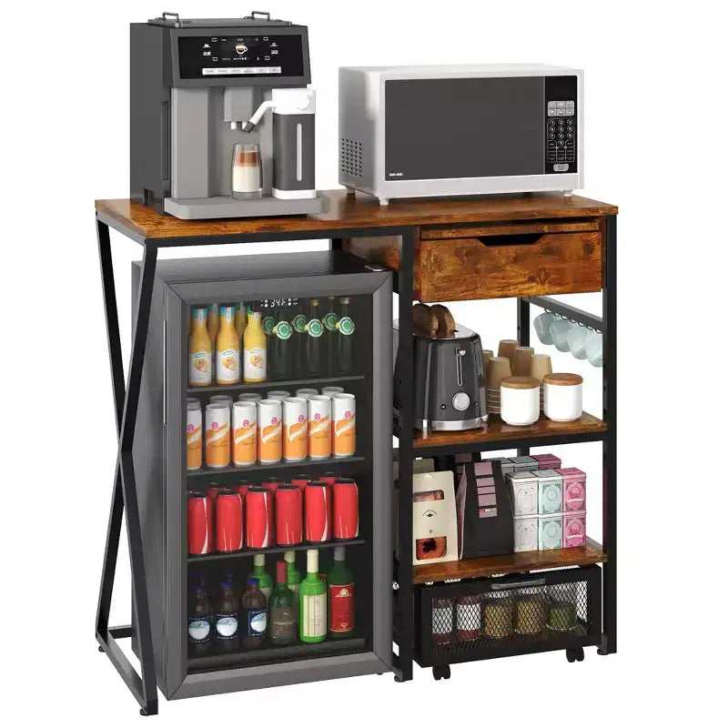 3-Tier Mini Fridge Stand with Power Outlet, Storage Basket & Pull-Out Work Platform - Heavy Duty Microwave Coffee Bar Rack for Dorms