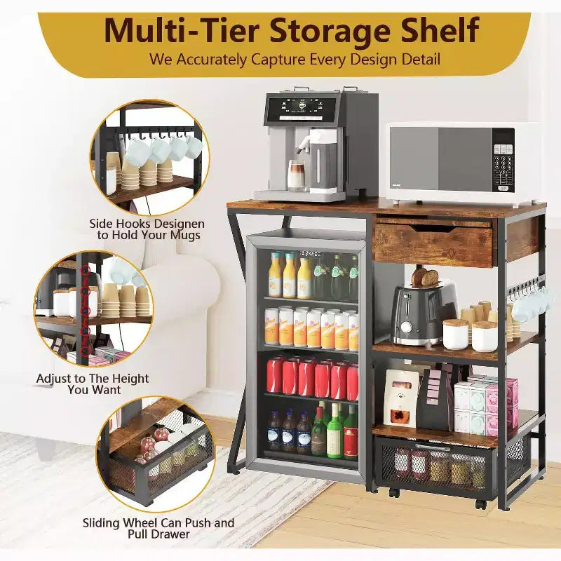 Support de mini-réfrigérateur à 3 niveaux avec prise de courant, panier de rangement et plateforme de travail coulissante - Étagère à micro-ondes/bar à café robuste pour dortoirs