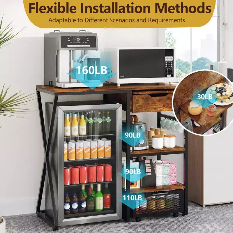 Support de mini-réfrigérateur à 3 niveaux avec prise de courant, panier de rangement et plateforme de travail coulissante - Étagère à micro-ondes/bar à café robuste pour dortoirs